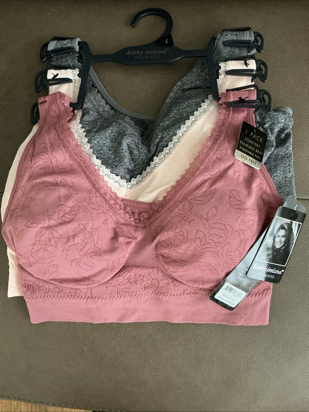 kathy ireland Seamless Lace-Trim Comfort Bra 3-Pack, Rose/Pink, Gray, Cream, NWT